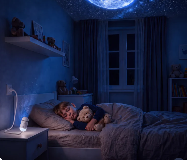 Criança dormindo tranquila com projetor de lua e estrelas no quarto